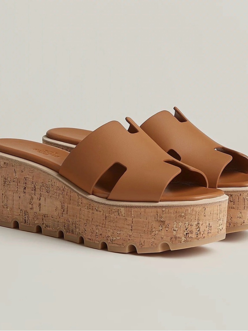 Hermes Brown Cork Platform Slide Mules